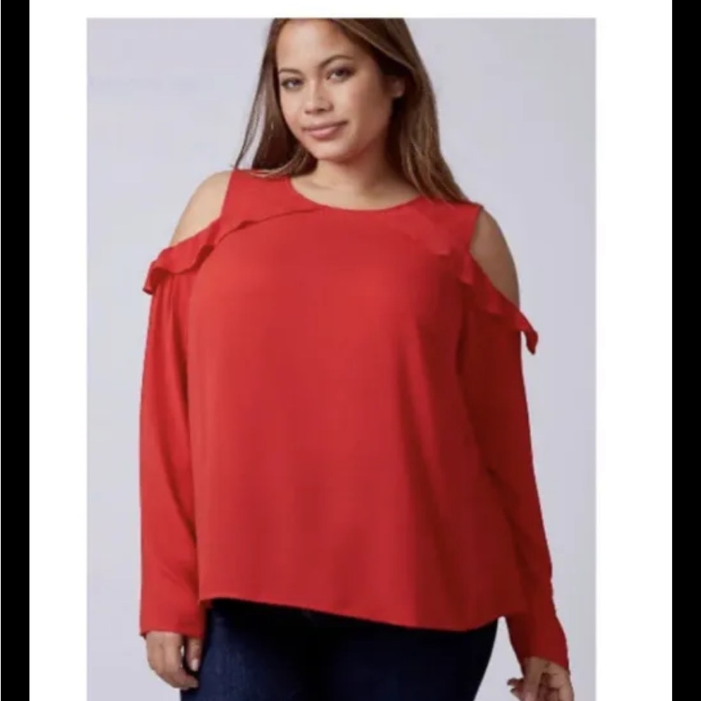 NWT LANE BRYANT SZ 18 Plus Venetian Red RUFFLE COLD-SHOULDER Top Blouse Nice
